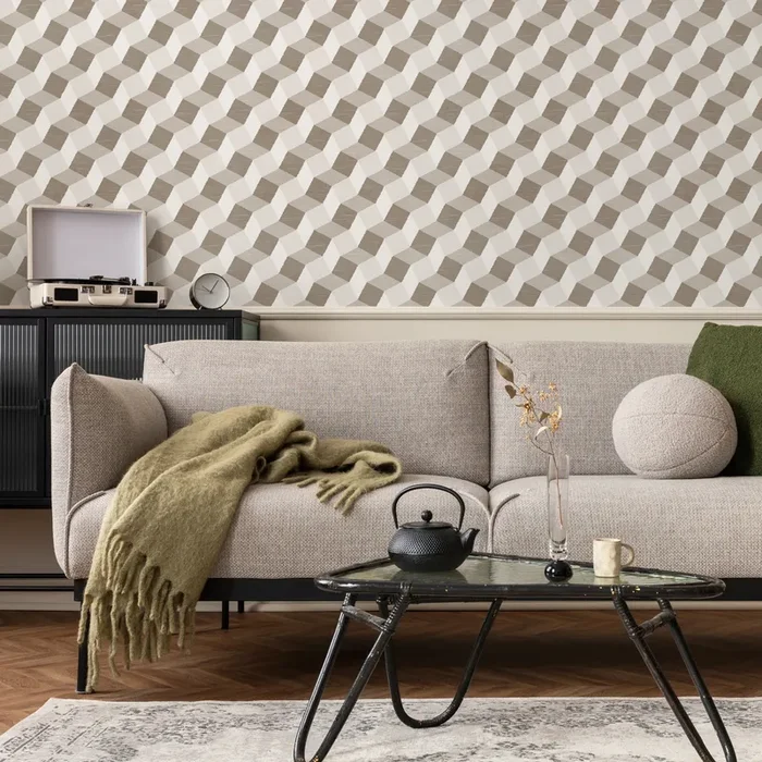 Geometric Wallpaper With A 3d Stepped Pattern In Beige And Taupe – C850