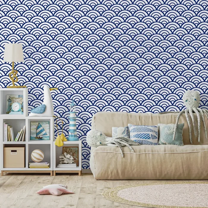 Geometric Wallpaper With A Japanese Wave Motif In Navy Blue And White – A566
