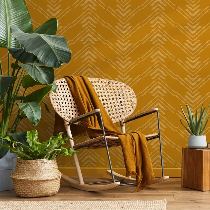 Geometric Wallpaper With A Minimalist Chevron Motif In Mustard Yellow And White – C497