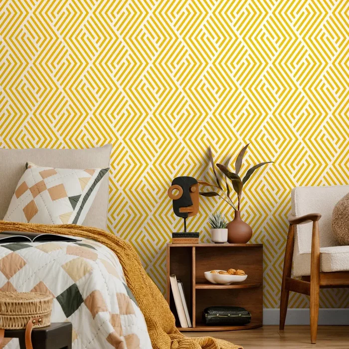 Geometric Wallpaper With A Minimalist Maze Motif In Yellow – B246