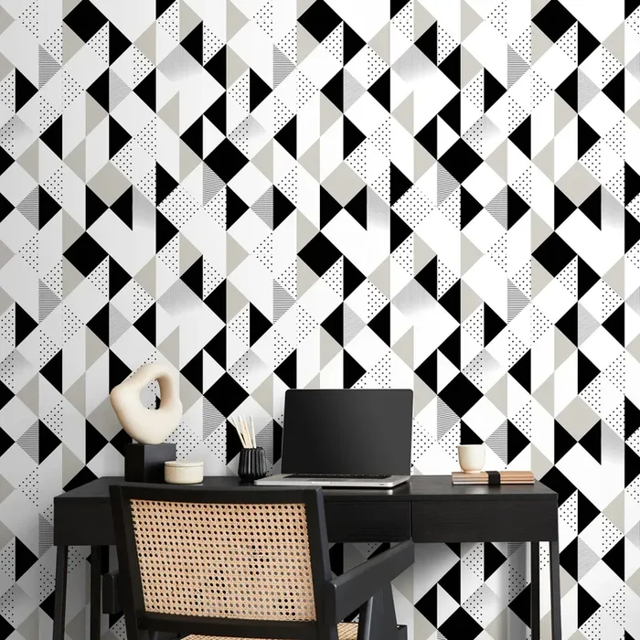 Geometric Wallpaper With A Modern Triangle Collage In Black, White, And Grey – A475