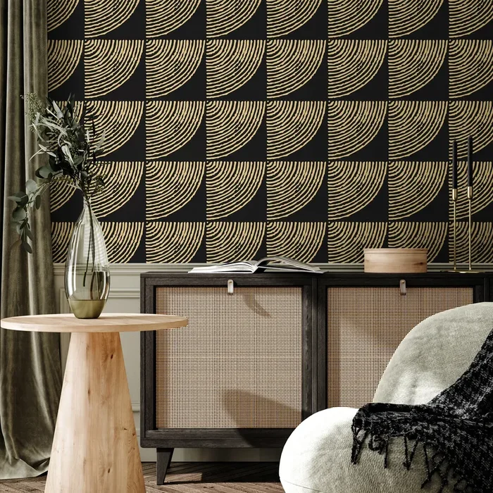 Geometric Wallpaper With A Tiled Arc Motif In Black And Gold – C483