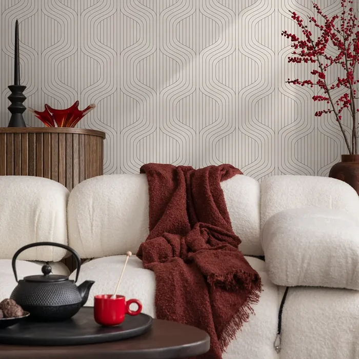 Geometric Wallpaper With A Wavy Line Pattern In Black And Beige – C285