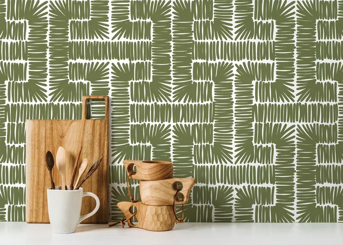Geometric Wallpaper With A Woven Lines Motif In Olive Green – D047