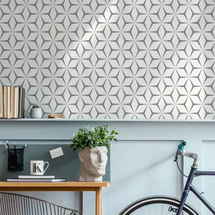 Geometric Wallpaper With An Optical Starburst Motif In Black, White, And Gray – B837