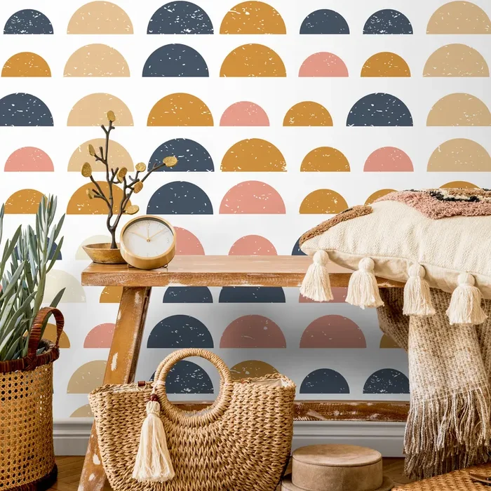 Geometric Wallpaper With Distressed Half Circles In Blue, Yellow, And Pink – A875