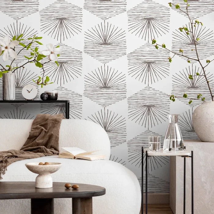 Geometric Wallpaper With Hand-drawn Fan Motifs In Taupe – C074