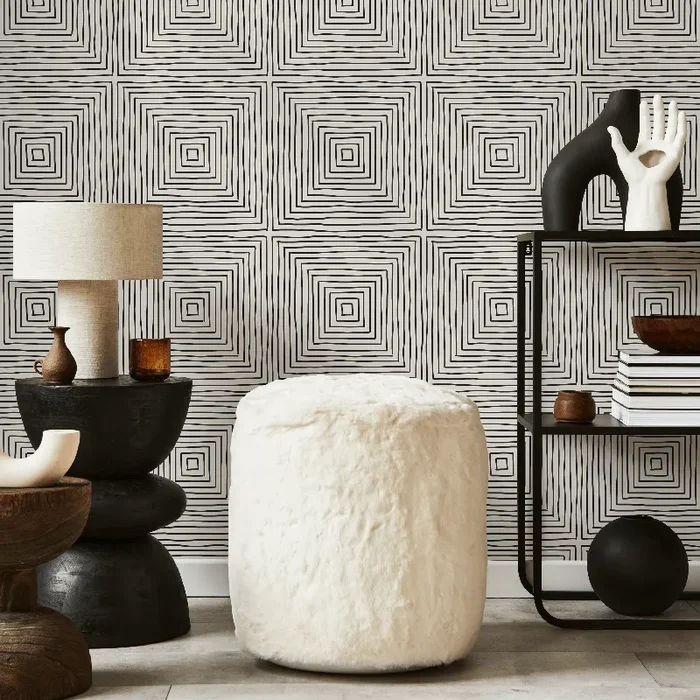 Geometric Wallpaper With Hand-drawn Squares In Black And Off-white – C277