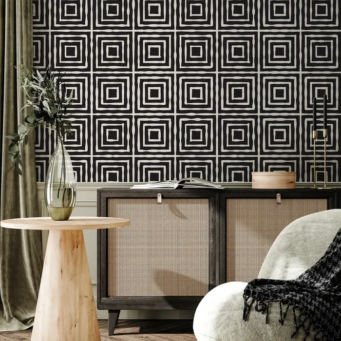 Geometric Wallpaper With Hand-drawn Squares In Black And White – C315
