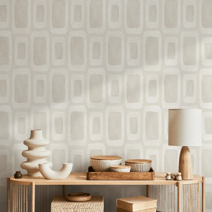 Geometric Wallpaper With Hand-painted Rectangles In Beige And Off-white – C866