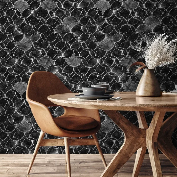 Geometric Wallpaper With Interlocking Circles In Black, White, And Gray – X076