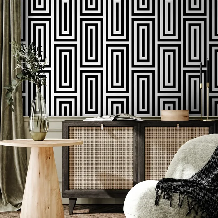 Geometric Wallpaper With Interlocking Lines In Black And White – B098