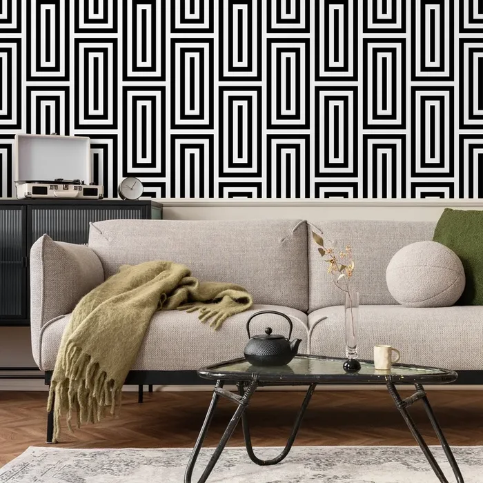 Geometric Wallpaper With Interlocking Rectangles In Black And White – B098