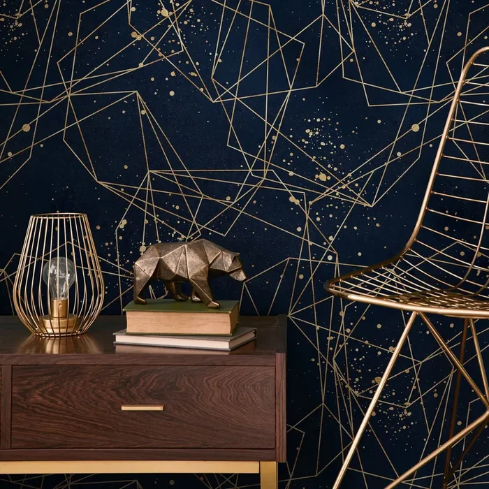 Geometric Wallpaper With Intersecting Gold Lines In Navy Blue And Gold – B322