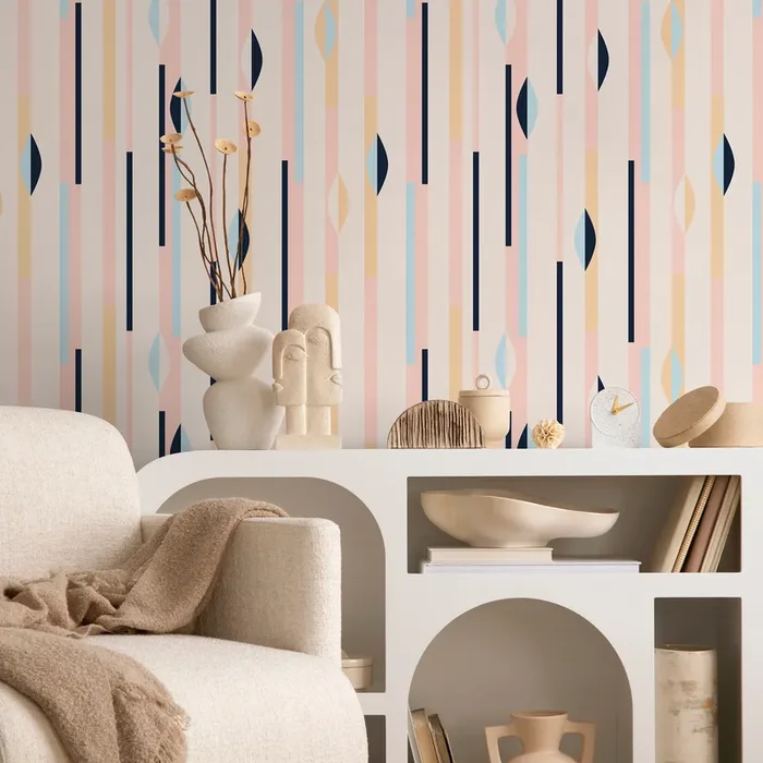 Geometric Wallpaper With Modern Stripes In Pink, Blue, And Navy – B466