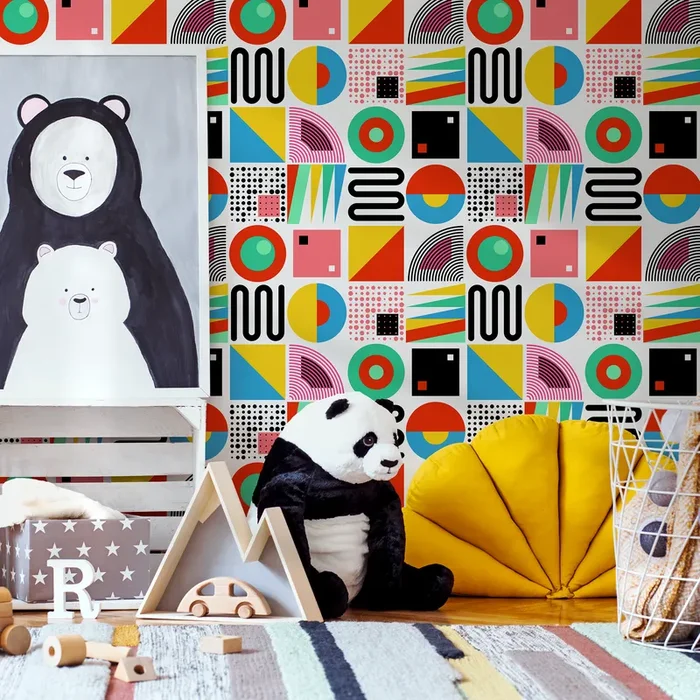 Geometric Wallpaper With Retro Abstract Shapes In Red, Yellow, And Blue – C048