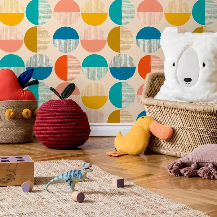 Geometric Wallpaper With Textured Half-circles In Teal, Yellow, And Pink – B889