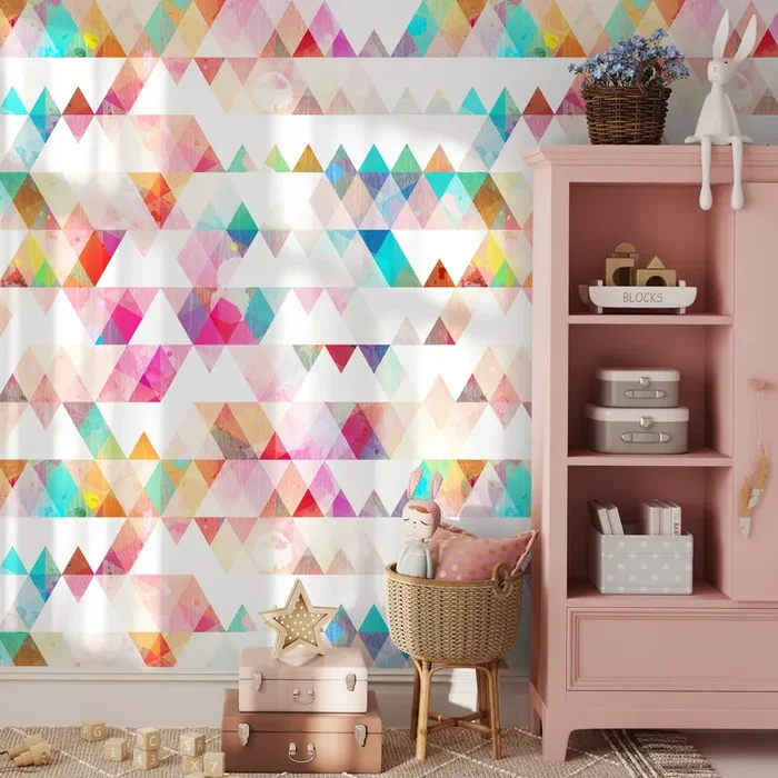 Geometric Wallpaper With Watercolor Triangles In Pink, Teal, And Yellow – A154