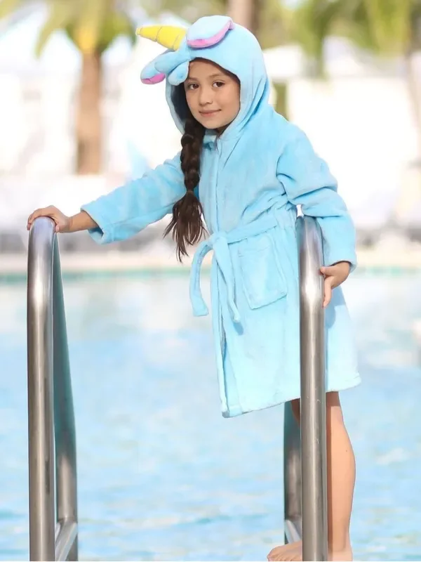 Girls Blue Unicorn Hooded Bathrobe with Horn and Ears