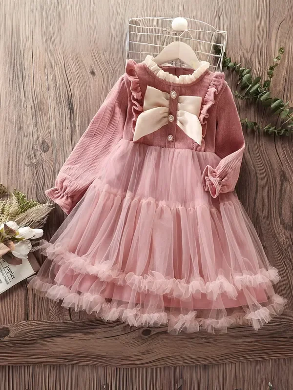 Girls Elegant Fluffy Mesh Dress with Ruffles and Bow Accents