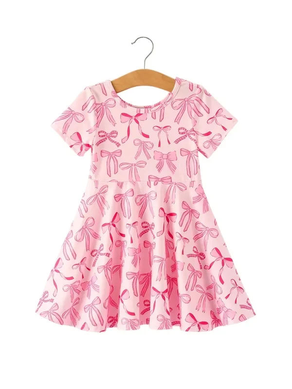 Girls Pink Dress With Bow Pattern – Cute Short Sleeve Outfit