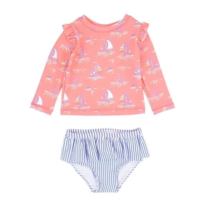 Girls Pink Seas the Day Skirted Flutter Long Sleeve Rash Guard Bikini
