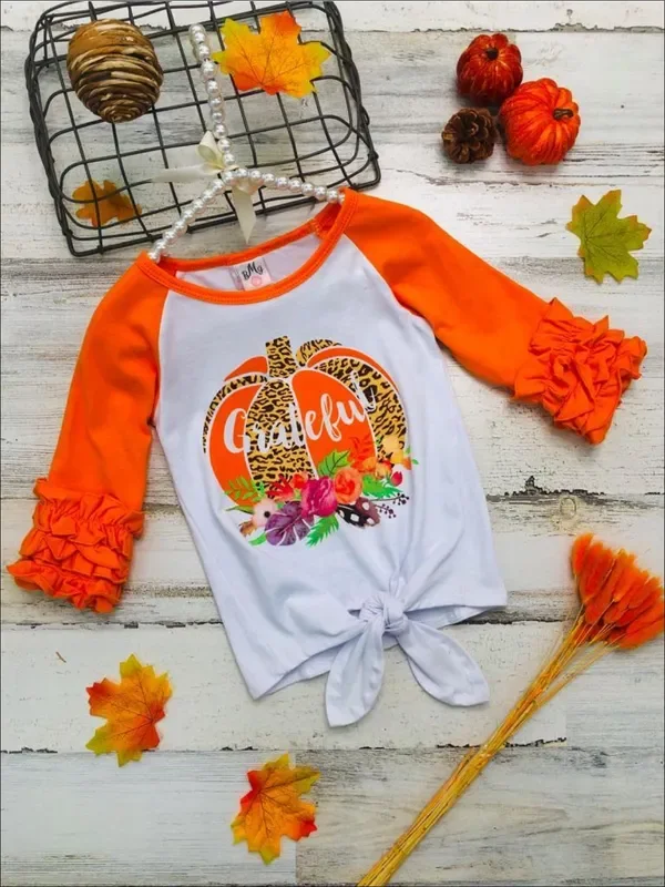 Girls Thanksgiving Themed “Grateful ” Pumpkin Print Ruffled 3/4 Raglan Sleeve Knot Top
