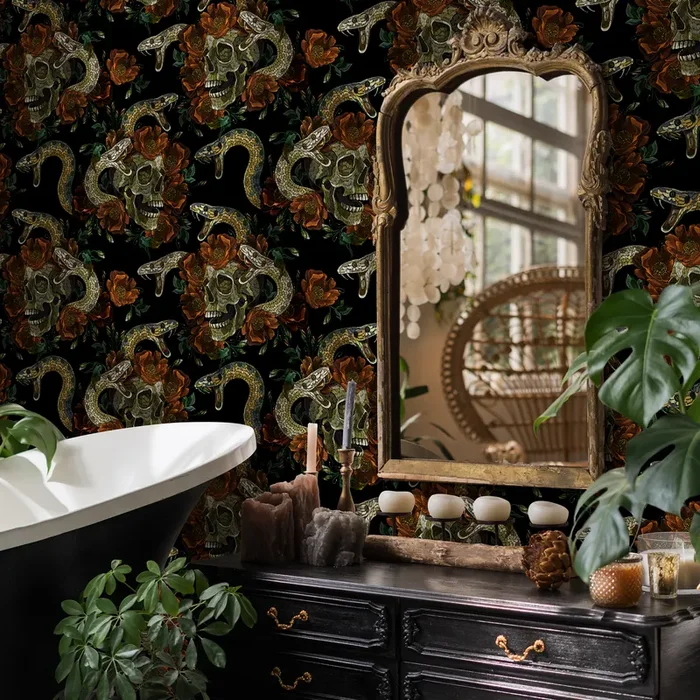 Gothic Floral Wallpaper With Skulls And Snakes In Black, Orange, And Green – D901