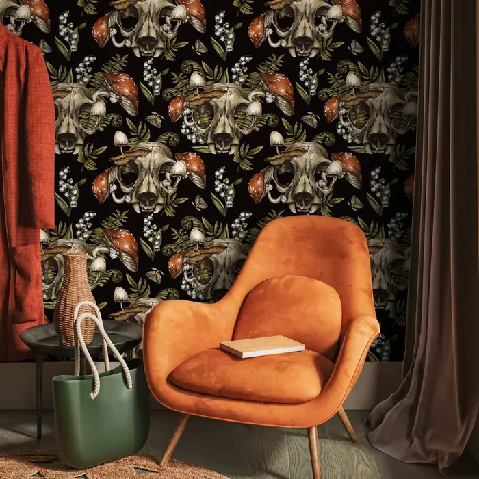 Gothic Wallpaper Featuring Animal Skulls And Mushrooms In Black And Red – D833