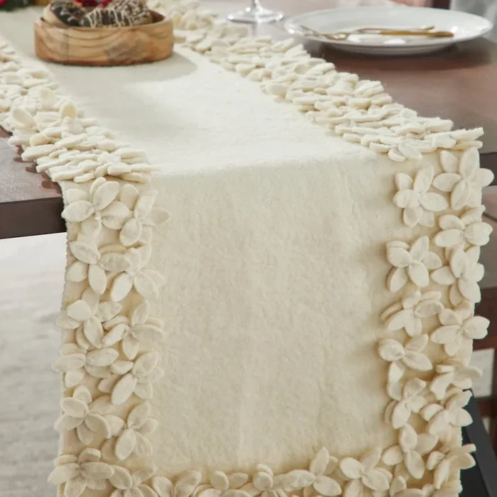 Hand Felted Wool Floral Border Table Runner Cream, 16×90 “