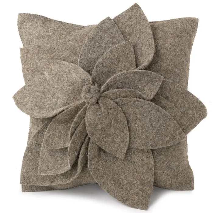 Hand Felted Wool Pillow – 3d Flower Gray Gray – 20 “