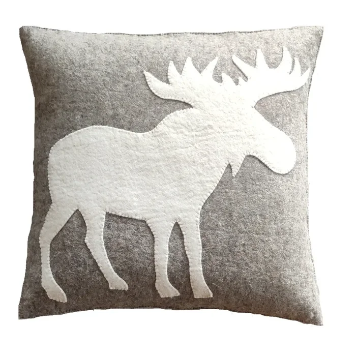 Hand Felted Wool Pillow – Cream Moose Silhouette Gray – 20 “