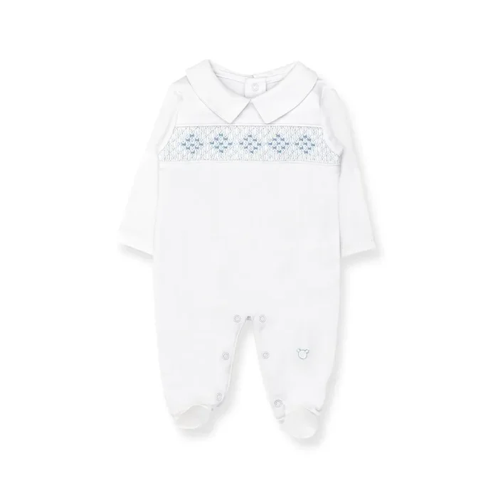 Hand Smocked Pima Playsuit, White & Blue