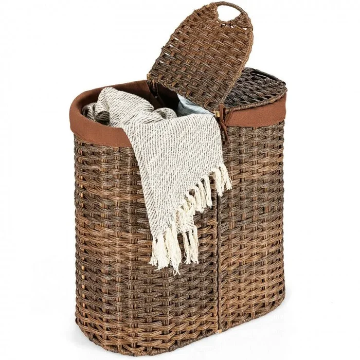 Handwoven Laundry Hamper Basket With 2 Removable Liner Bags-Brown