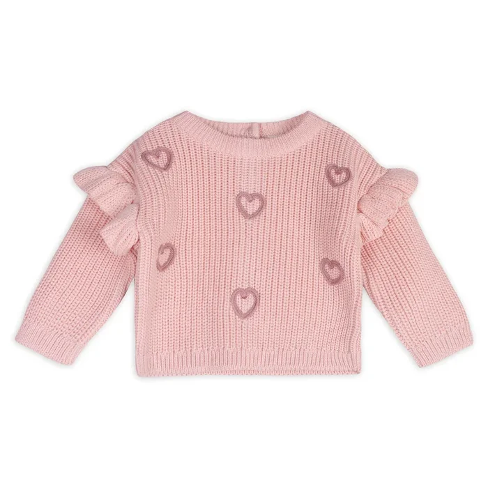 Hearts Embroidered Slouchy Sweater Knit Baby Pullover & Pant Set – Rosewood Pink