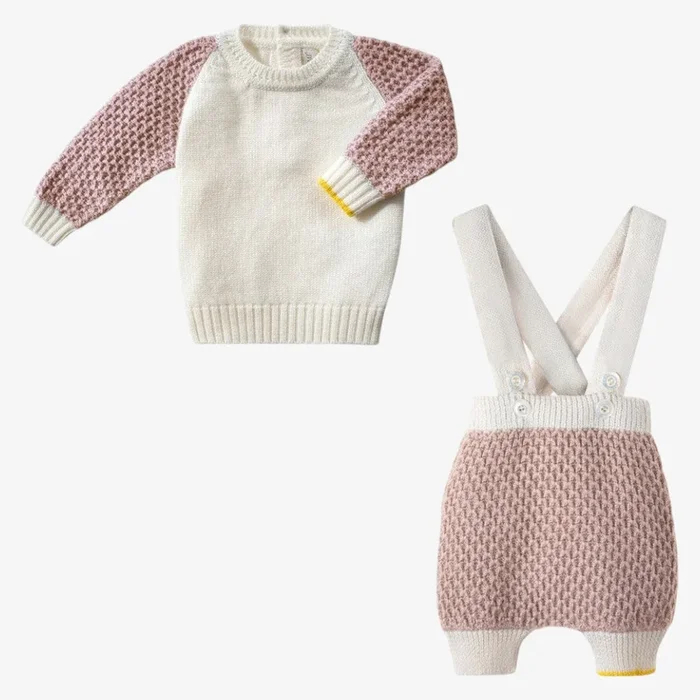 Honeycomb Knit Sweater With Suspender Pants – Offwhite & Cameo Pin