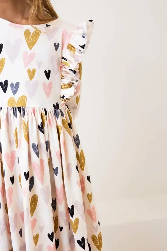 I Heart You 3/4 Sleeve Ruffle Twirl Dress
