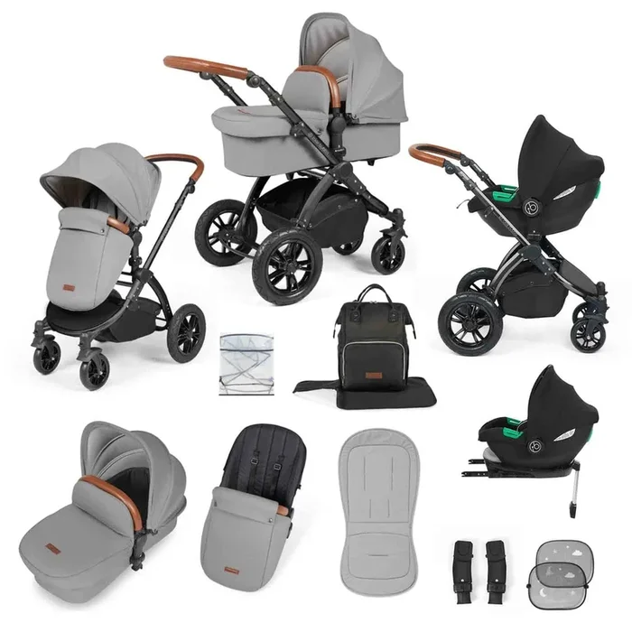 Ickle Bubba Stomp Luxe 12 Piece Travel System with i-Size Cirrus Car Seat & ISOFIX Base – Black / Pearl Grey / Tan