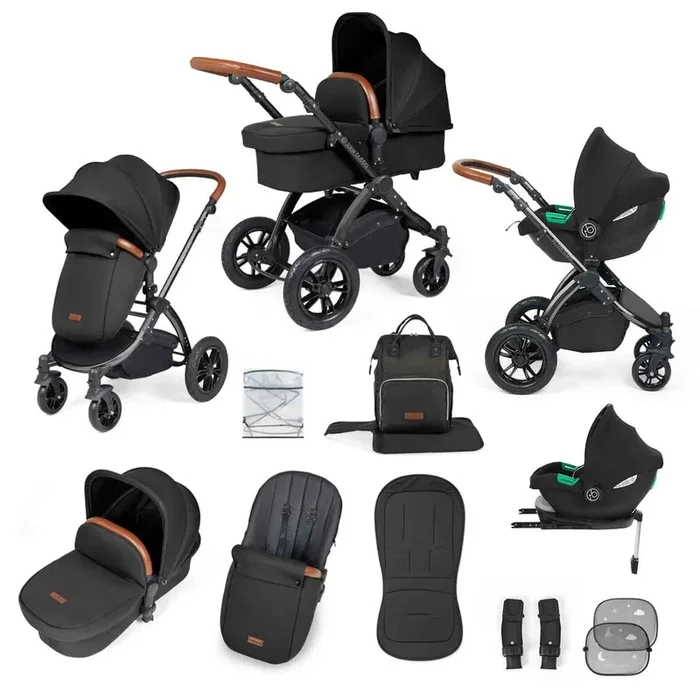 Ickle Bubba Stomp Luxe 12 Piece Travel System with i-Size Cirrus Car Seat & ISOFIX Base – Black / Midnight / Tan