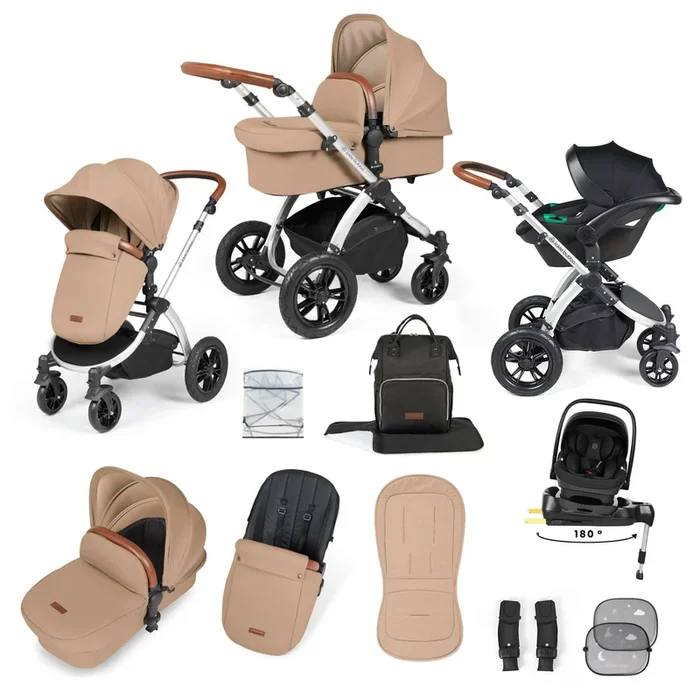 Ickle Bubba Stomp Luxe 12 Piece Travel System with i-Size Nimbus Car Seat & Spin ISOFIX Base – Silver / Desert / Tan