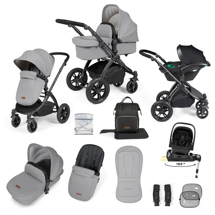Ickle Bubba Stomp Luxe 12 Piece Travel System with i-Size Nimbus Car Seat & Spin ISOFIX Base – Black / Pearl Grey / Black