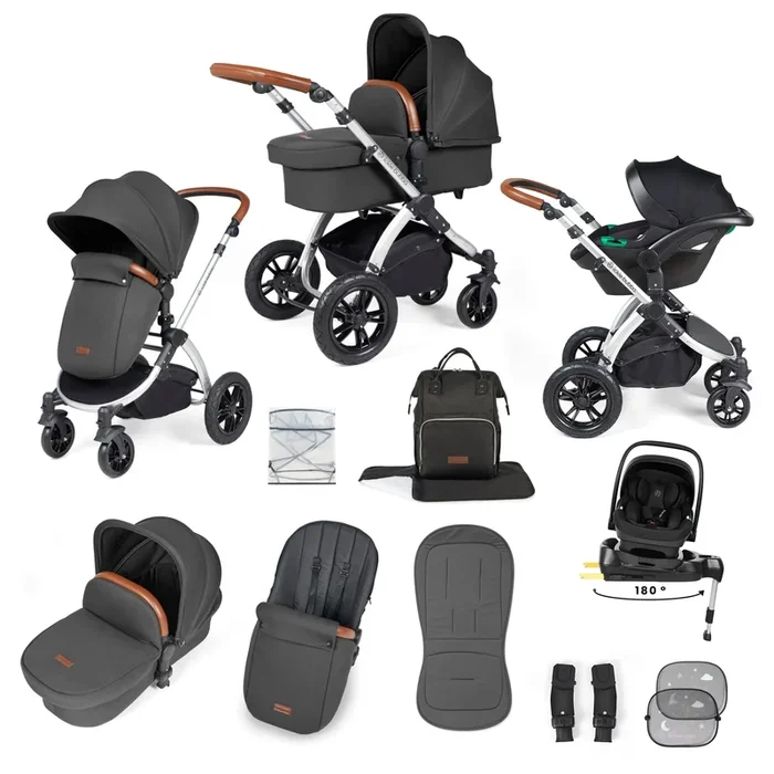 Ickle Bubba Stomp Luxe 12 Piece Travel System with i-Size Nimbus Car Seat & Spin ISOFIX Base – Silver / Charcoal Grey / Tan
