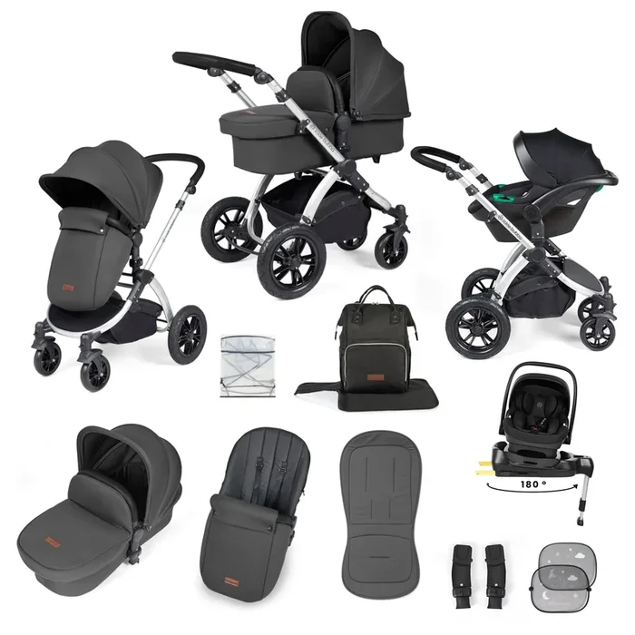 Ickle Bubba Stomp Luxe 12 Piece Travel System with i-Size Nimbus Car Seat & Spin ISOFIX Base – Silver / Charcoal Grey / Black