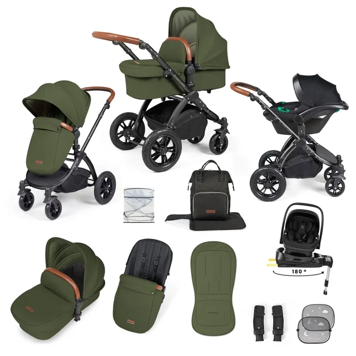 Ickle Bubba Stomp Luxe 12 Piece Travel System with i-Size Nimbus Car Seat & Spin ISOFIX Base – Black / Woodland / Tan