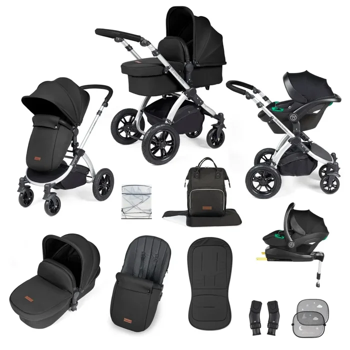 Ickle Bubba Stomp Luxe 12 Piece Travel System with i-Size Stratus Car Seat & ISOFIX Base – Silver / Midnight / Black