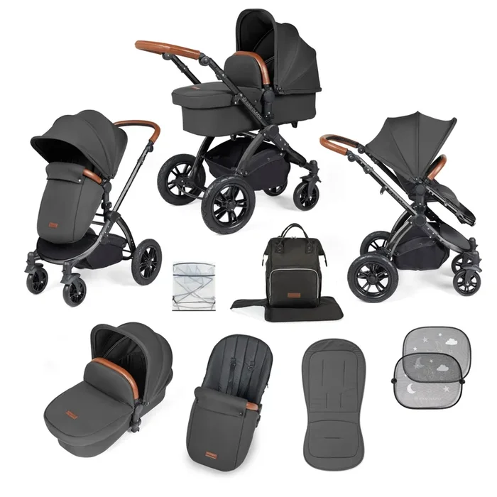 Ickle Bubba Stomp Luxe 9 Piece Pram – Black / Charcoal Grey / Tan