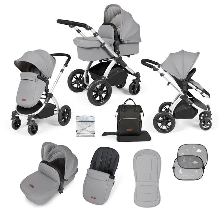 Ickle Bubba Stomp Luxe 9 Piece Pram – Silver / Pearl Grey / Black