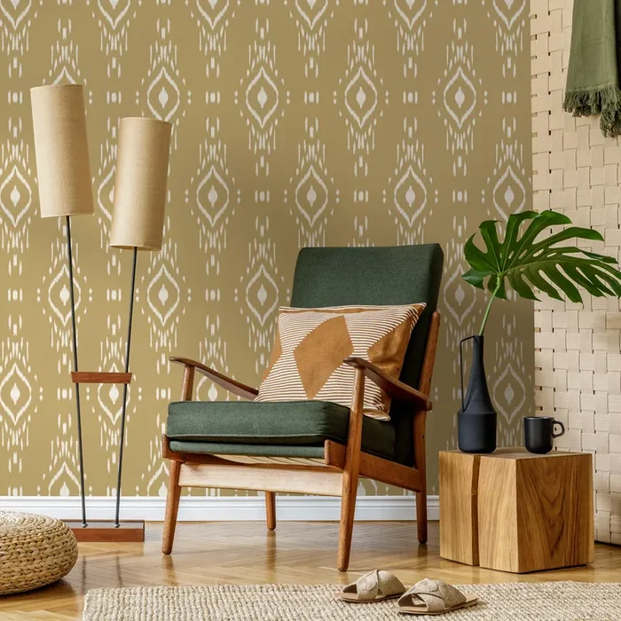 Ikat Wallpaper With A Bohemian Diamond Motif In Tan And White – C778