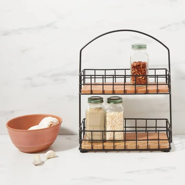 Iron and Mangowood 2-Tier Wire Spice Rack Black