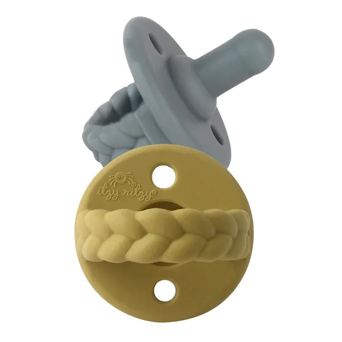 Itzy Ritzy 2pk Mustard Gray Braids Sweetie Soother Pacifier Set